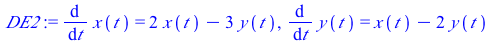 diff(x(t), t) = `+`(`*`(2, `*`(x(t))), `-`(`*`(3, `*`(y(t))))), diff(y(t), t) = `+`(x(t), `-`(`*`(2, `*`(y(t)))))