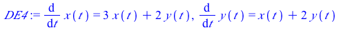 diff(x(t), t) = `+`(`*`(3, `*`(x(t))), `*`(2, `*`(y(t)))), diff(y(t), t) = `+`(x(t), `*`(2, `*`(y(t))))