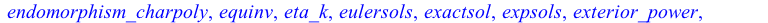 [AreSimilar, Closure, DEnormal, DEplot, DEplot3d, DEplot_polygon, DFactor, DFactorLCLM, DFactorsols, Dchangevar, Desingularize, FunctionDecomposition, GCRD, Gosper, Heunsols, Homomorphisms, IVPsol, Is...