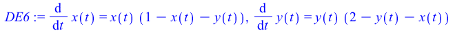 diff(x(t), t) = `*`(x(t), `*`(`+`(1, `-`(x(t)), `-`(y(t))))), diff(y(t), t) = `*`(y(t), `*`(`+`(2, `-`(y(t)), `-`(x(t)))))