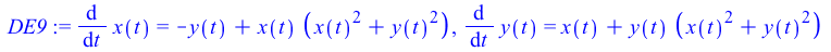 diff(x(t), t) = `+`(`-`(y(t)), `*`(x(t), `*`(`+`(`*`(`^`(x(t), 2)), `*`(`^`(y(t), 2)))))), diff(y(t), t) = `+`(x(t), `*`(y(t), `*`(`+`(`*`(`^`(x(t), 2)), `*`(`^`(y(t), 2))))))