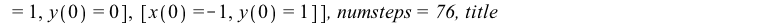 DEplot({DE10}, [x(t), y(t)], t = 0 .. 5, [[x(0) = 0, y(0) = 2], [x(0) = 0, y(0) = -2], [x(0) = 1, y(0) = 0], [x(0) = -1, y(0) = 1]], numsteps = 76, title = 