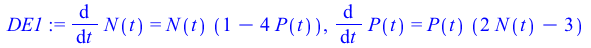 diff(N(t), t) = `*`(N(t), `*`(`+`(1, `-`(`*`(4, `*`(P(t))))))), diff(P(t), t) = `*`(P(t), `*`(`+`(`*`(2, `*`(N(t))), `-`(3))))