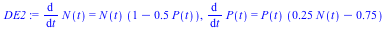 diff(N(t), t) = `*`(N(t), `*`(`+`(1, `-`(`*`(.5, `*`(P(t))))))), diff(P(t), t) = `*`(P(t), `*`(`+`(`*`(.25, `*`(N(t))), `-`(.75))))