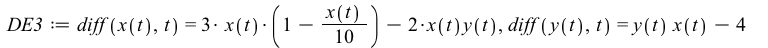 DE3 := diff(x(t), t) = `+`(`*`(3, `*`(x(t), `*`(`+`(1, `-`(`*`(`/`(1, 10), `*`(x(t)))))))), `-`(`*`(2, `*`(x(t), `*`(y(t)))))), diff(y(t), t) = `+`(`*`(x(t), `*`(y(t))), `-`(`*`(4, `*`(y(t))))); 1