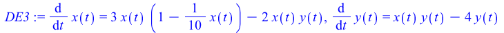 diff(x(t), t) = `+`(`*`(3, `*`(x(t), `*`(`+`(1, `-`(`*`(`/`(1, 10), `*`(x(t)))))))), `-`(`*`(2, `*`(x(t), `*`(y(t)))))), diff(y(t), t) = `+`(`*`(x(t), `*`(y(t))), `-`(`*`(4, `*`(y(t)))))