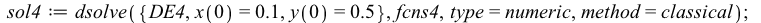 sol4 := dsolve({DE4, x(0) = .1, y(0) = .5}, fcns4, type = numeric, method = classical); 1