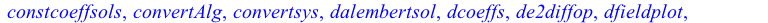 [AreSimilar, Closure, DEnormal, DEplot, DEplot3d, DEplot_polygon, DFactor, DFactorLCLM, DFactorsols, Dchangevar, Desingularize, FunctionDecomposition, GCRD, Gosper, Heunsols, Homomorphisms, IVPsol, Is...