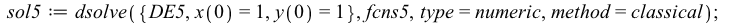 sol5 := dsolve({DE5, x(0) = 1, y(0) = 1}, fcns5, type = numeric, method = classical); 1