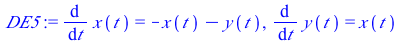 diff(x(t), t) = `+`(`-`(x(t)), `-`(y(t))), diff(y(t), t) = x(t)