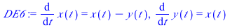 diff(x(t), t) = `+`(x(t), `-`(y(t))), diff(y(t), t) = x(t)